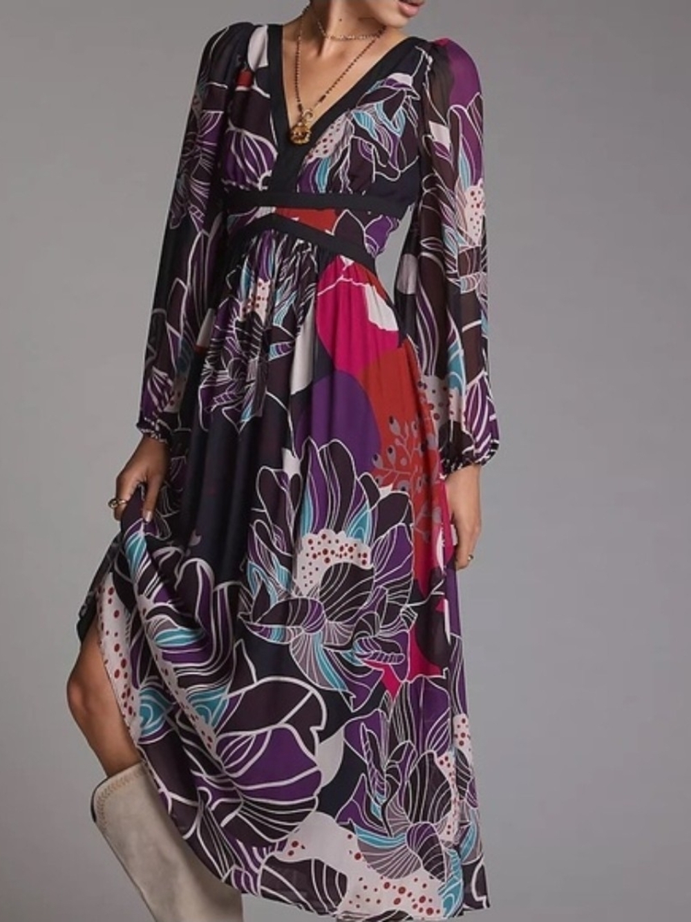 Let Me Be By Anthropologie Floral Maxi Dress V-Neck Long Sleeve in Multi-Color